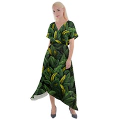 Banana Leaves Cross Front Sharkbite Hem Maxi Dress