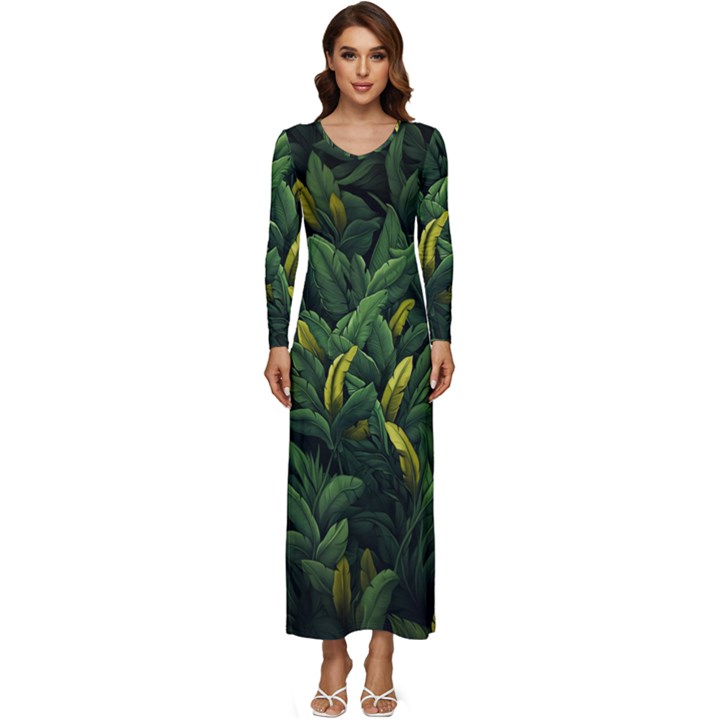 Banana leaves Long Sleeve Longline Maxi Dress