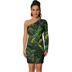 Banana leaves Long Sleeve One Shoulder Mini Dress