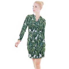 Green banana leaves Button Long Sleeve Dress