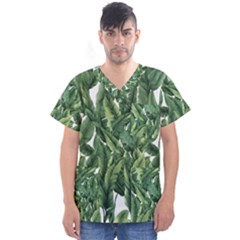 Green banana leaves Men s V-Neck Scrub Top