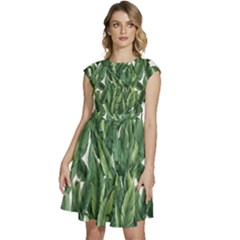Green Banana Leaves Cap Sleeve High Waist Dress