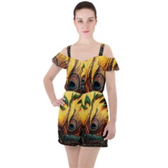 Art Paint Landscape Mountain Ruffle Cut Out Chiffon Playsuit by Cemarart