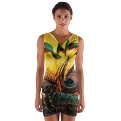 Oceans Stunning Painting Sunset Scenery Wave Paradise Beache Mountains Wrap Front Bodycon Dress