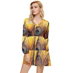 Oceans Stunning Painting Sunset Scenery Wave Paradise Beache Mountains Tiered Long Sleeve Mini Dress