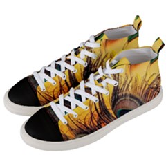 Sunset Illustration Water Night Sun Landscape Grass Clouds Painting Digital Art Drawing Men s Mid-top Canvas Sneakers