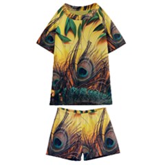 Sunset Illustration Water Night Sun Landscape Grass Clouds Painting Digital Art Drawing Kids  Swim T-shirt And Shorts Set by Cemarart