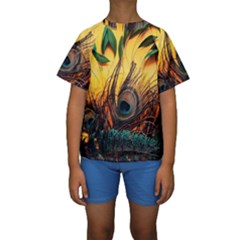 City Lights Sky Landmark Painting Kids  Short Sleeve Swimwear