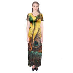 City Lights Sky Landmark Painting Short Sleeve Maxi Dress by Cemarart