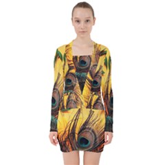 City Lights Sky Landmark Painting V-neck Bodycon Long Sleeve Dress