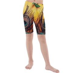 Landscape Bright Scenery Drawing Rivers Blue Lovely Kids  Mid Length Swim Shorts