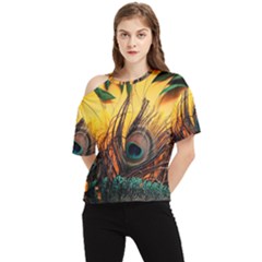 Forest Trees Snow Landscape Art One Shoulder Cut Out T-shirt by Cemarart