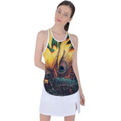 Japan Art Artwork Asia Drawing Lake Landscape Mountain Nature Oriental Racer Back Mesh Tank Top by Cemarart