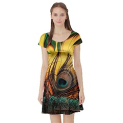 Peacock Feather Native Short Sleeve Skater Dress by Cemarart