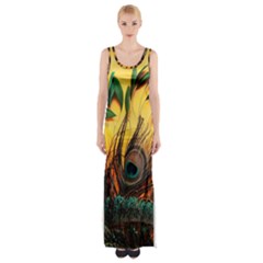 Peacock Feather Native Thigh Split Maxi Dress