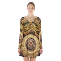 Fractals, Floral Ornaments, Waves Long Sleeve Velvet V-neck Dress by nateshop