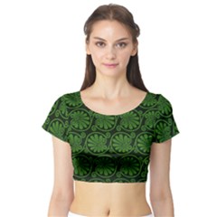 Green Floral Pattern Floral Greek Ornaments Short Sleeve Crop Top