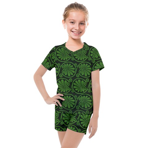 Green Floral Pattern Floral Greek Ornaments Kids  Mesh T-shirt And Shorts Set by nateshop