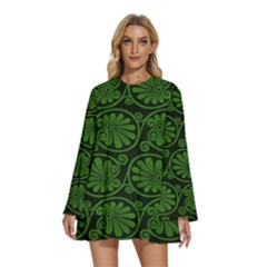 Green Floral Pattern Floral Greek Ornaments Round Neck Long Sleeve Bohemian Style Chiffon Mini Dress by nateshop