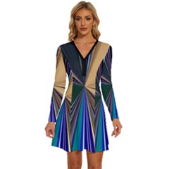 Zig Zag Pattern Geometric Design Long Sleeve Deep V Mini Dress  by Cemarart