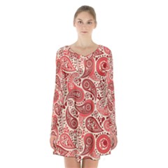 Paisley Red Ornament Texture Long Sleeve Velvet V-neck Dress by nateshop