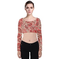 Paisley Red Ornament Texture Velvet Long Sleeve Crop Top by nateshop