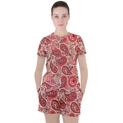 Paisley Red Ornament Texture Women s T-shirt And Shorts Set by nateshop