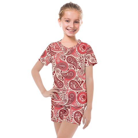Paisley Red Ornament Texture Kids  Mesh T-shirt And Shorts Set by nateshop