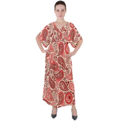 Paisley Red Ornament Texture V-neck Boho Style Maxi Dress by nateshop