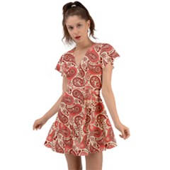 Paisley Red Ornament Texture Flutter Sleeve Wrap Dress by nateshop