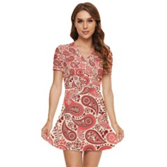 Paisley Red Ornament Texture V-neck High Waist Chiffon Mini Dress by nateshop