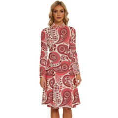 Paisley Red Ornament Texture Long Sleeve Shirt Collar A-line Dress by nateshop
