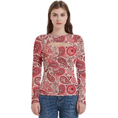 Paisley Red Ornament Texture Women s Cut Out Long Sleeve T-shirt