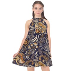 Paisley Texture, Floral Ornament Texture Halter Neckline Chiffon Dress 