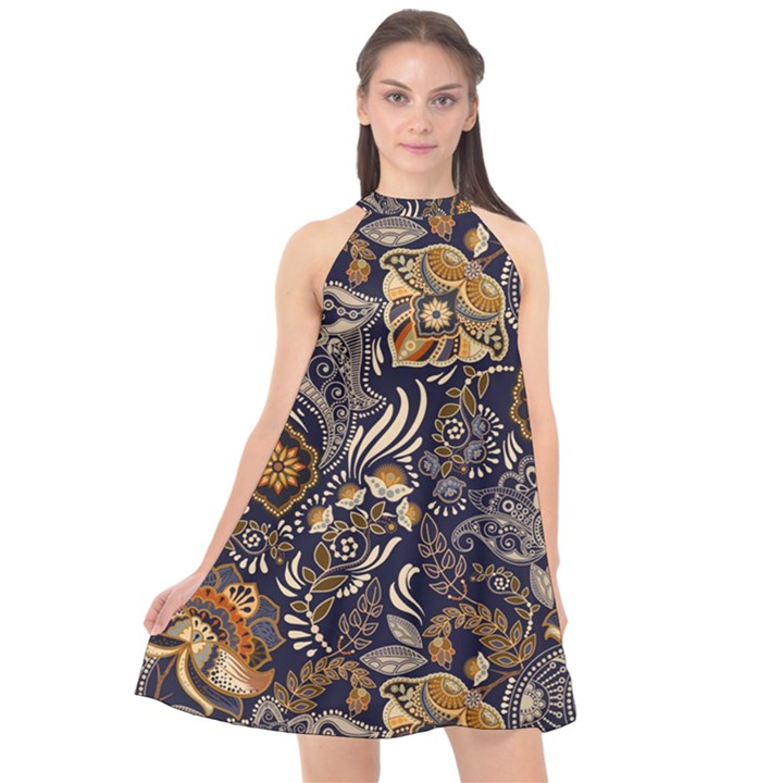 Paisley Texture, Floral Ornament Texture Halter Neckline Chiffon Dress 
