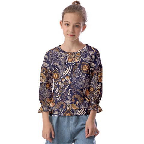 Paisley Texture, Floral Ornament Texture Kids  Cuff Sleeve Top by nateshop