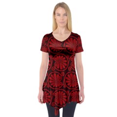 Red Floral Pattern Floral Greek Ornaments Short Sleeve Tunic  by nateshop