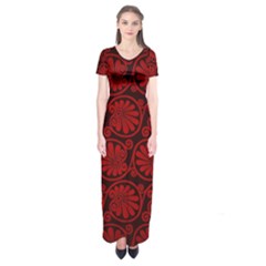 Red Floral Pattern Floral Greek Ornaments Short Sleeve Maxi Dress