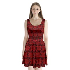 Red Floral Pattern Floral Greek Ornaments Split Back Mini Dress 