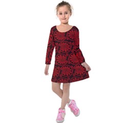 Red Floral Pattern Floral Greek Ornaments Kids  Long Sleeve Velvet Dress