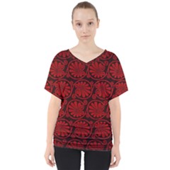 Red Floral Pattern Floral Greek Ornaments V-Neck Dolman Drape Top