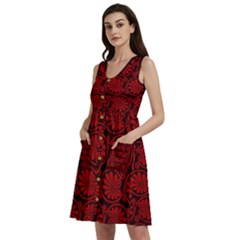 Red Floral Pattern Floral Greek Ornaments Sleeveless Dress With Pocket