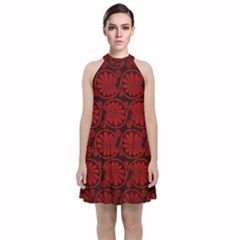 Red Floral Pattern Floral Greek Ornaments Velvet Halter Neckline Dress 