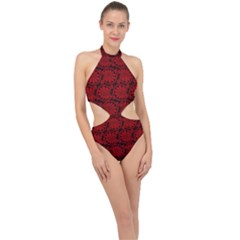 Red Floral Pattern Floral Greek Ornaments Halter Side Cut Swimsuit