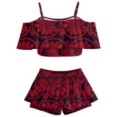 Red Floral Pattern Floral Greek Ornaments Kids  Off Shoulder Skirt Bikini