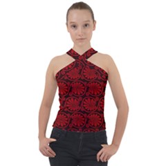Red Floral Pattern Floral Greek Ornaments Cross Neck Velour Top by nateshop