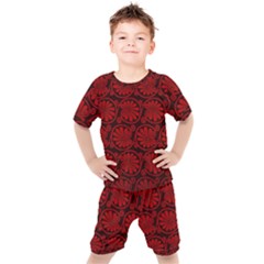 Red Floral Pattern Floral Greek Ornaments Kids  T-shirt And Shorts Set by nateshop