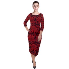 Red Floral Pattern Floral Greek Ornaments Quarter Sleeve Midi Velour Bodycon Dress