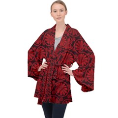 Red Floral Pattern Floral Greek Ornaments Long Sleeve Velvet Kimono 