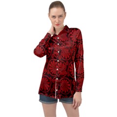 Red Floral Pattern Floral Greek Ornaments Long Sleeve Satin Shirt